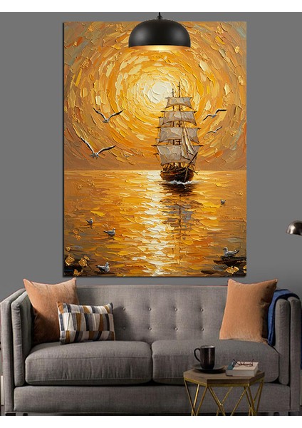 Ufukta Yelkenli Teknelerle Deniz Manzarası Dekoratif Kanvas - Mdf Ahşap Tablo indirimleri