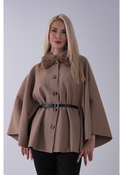 Vizon Önü Düğme Kapamalı Kemerli Yakası Kürklü Panço 47122714.34