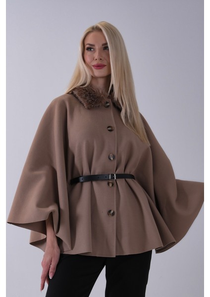 Vizon Önü Düğme Kapamalı Kemerli Yakası Kürklü Panço 47122714.34 modelleri