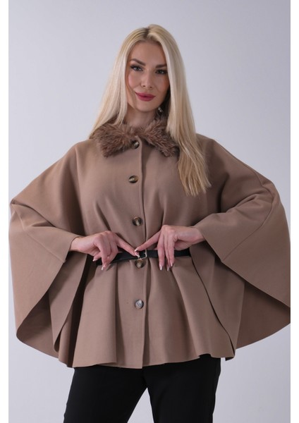 Vizon Önü Düğme Kapamalı Kemerli Yakası Kürklü Panço 47122714.34