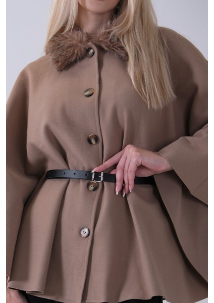 Vizon Önü Düğme Kapamalı Kemerli Yakası Kürklü Panço 47122714.34