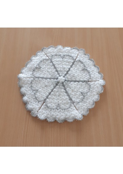 Çeyizlik El Örgüsü 3'lü Lif Seti Kalpli Gümüş Simli Beyaz modelleri