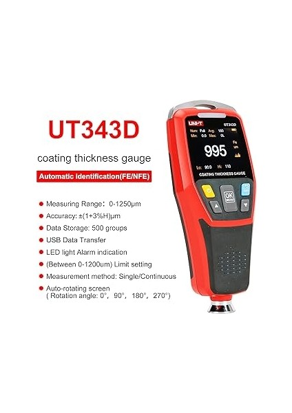 UT343D Dijital Kaplama Kalınlık Ölçer Ölçer Ölçüm Cihazı Aralığı 0 Ila 1250UM USB Veri Işlevli fırsatları