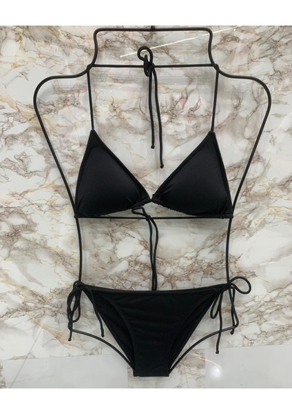 Kadın Likralı Yandan Boyundan Bağlamalı Şık Ipli Üçgen Bikini Takım