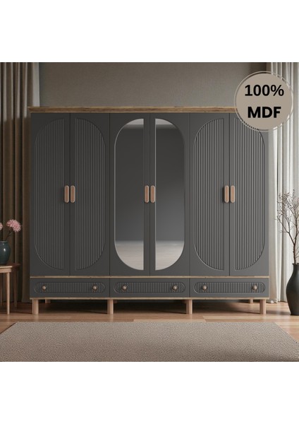 Sally 6 Kapaklı Aynalı Çekmeceli Mdf Gardırop