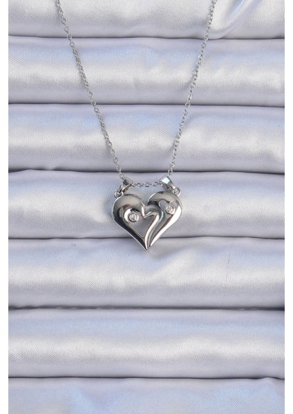Bfs 316L Çelik Zincir Gümüş Renk Zirkon Taşlı Mıknatıslı Kalp Kolye
