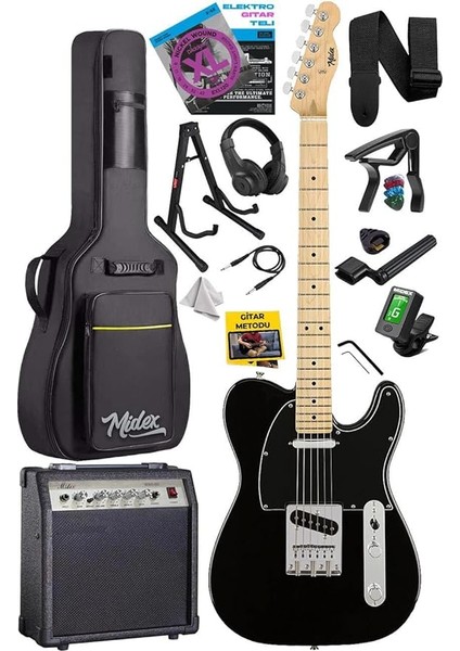 TLX-50BK-30AMP Tele Kasa Maple Klavye 2 Single-Coil 30W Amfili Elektro Gitar