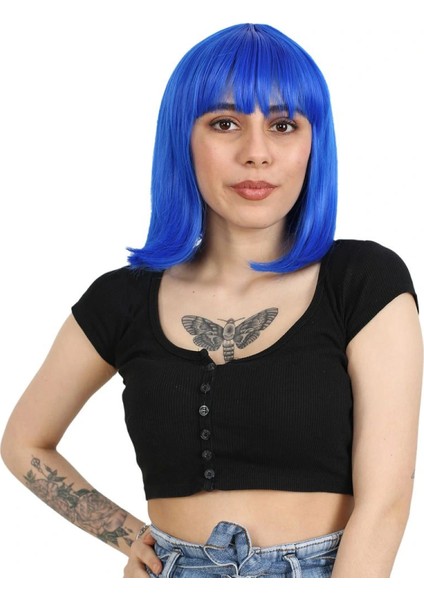 Küt Kahküllü Fiber Sentetik Peruk - Koyu Mavi