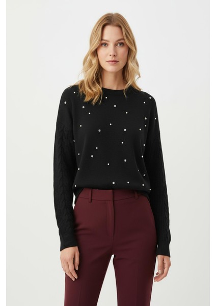 7115 Kol Örgü Detay Taşlı Kazak Siyah