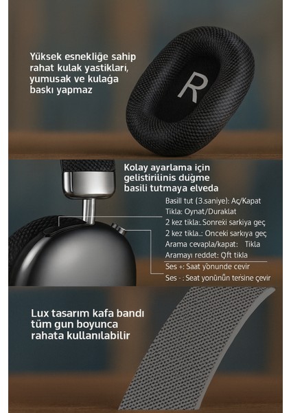 Wave Kablosuz Kulaküstü Kulaklık – Bluetooth Kulaklık 5.3, Katlanabilir, Mikrofonlu, Aux Girişli