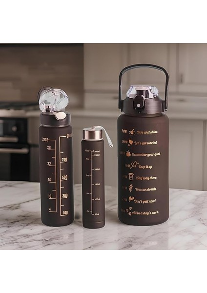 Su Matarası Motivasyonel 3lü Set Su Şişesi Suluk 2LT+900ML+500ML Tritan Spor Salonu Su Şişesi Suluk (Bpa Içermez) (Siyah)