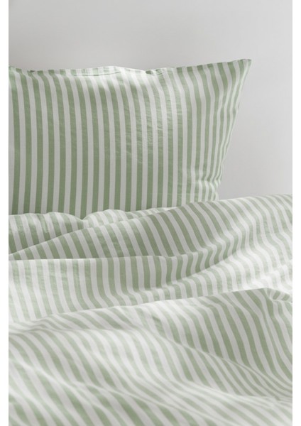 Natural Ranforce Yeşil Çizgili Tek Kişilik Nevresim Takımı %100 Organik Pamuk