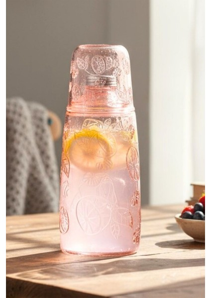 Lemora Cam Başucu Sürahisi 1200 ml Desenli Kapaklı Su Şişesi