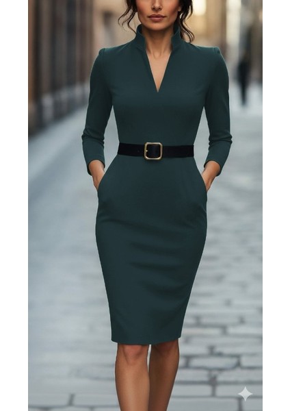 Kadın Uzun Kollu Hakim Yaka Beli Kemerli Cepli Midi Ithal Krep Elbise