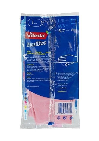 Vileda Candy Pink Sensitive Eldiven, %100 Doğal Lateks, S
