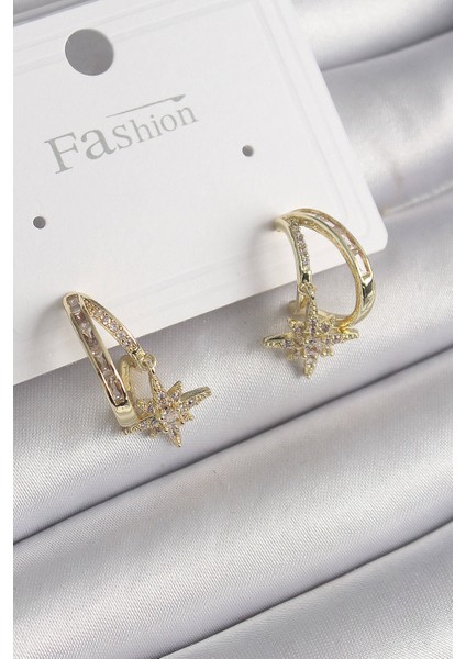 Pirinç Gold Renk Zirkon Taşlı Halka Model Yıldız Detay Kadın Küpe