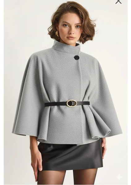 Kadın Kemerli Kaşe Panço- Gri