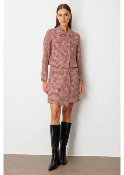 Kadın Süs Düğmeli Mini Tüvit Etek 5047 Kırmızı