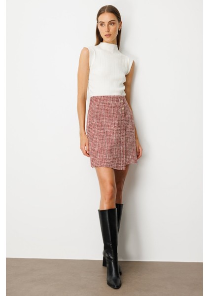 Kadın Süs Düğmeli Mini Tüvit Etek 5047 Kırmızı modelleri