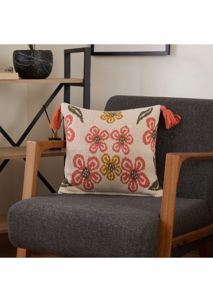 Soft Çiçek Desenli Triko Kırlent Kılıfı - Bej - 45X45 cm