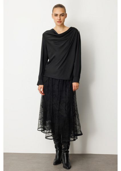 Kadın Degaje Yaka Saten Bluz 3019 Siyah modelleri