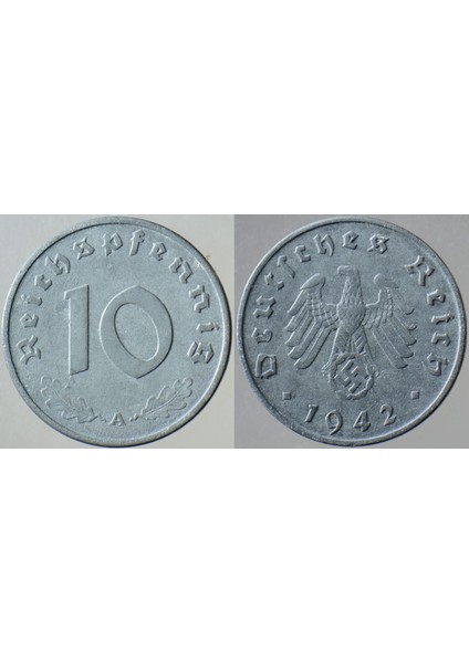 Almanya 10 Pfennig 1942 A. Ikinci Dünya Savaşı Nazi Dönemi. Gamalı Haç. Çinko.