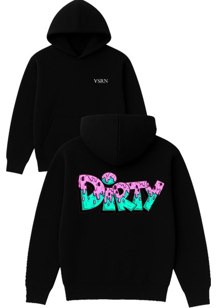 Dirty Tasarım Baskılı Oversize Siyah Kapüşonlu Sweatshirt