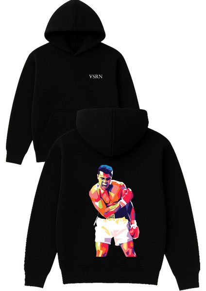 Champıon Muhammed Ali Tasarım Baskılı Oversize Siyah Kapüşonlu Sweatshirt