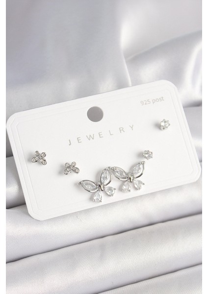 925 Ayar Gümüş Çivi Pirinç Gümüş Renk Zirkon Taşlı Kelebek Model Kadın Küpe Seti