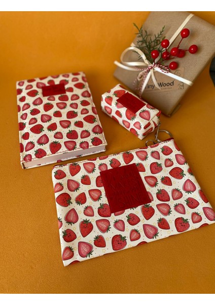Çilek-Baykuş Desenli Deri Kaplı Defter Seti | 14X20 cm Çizgili Defter