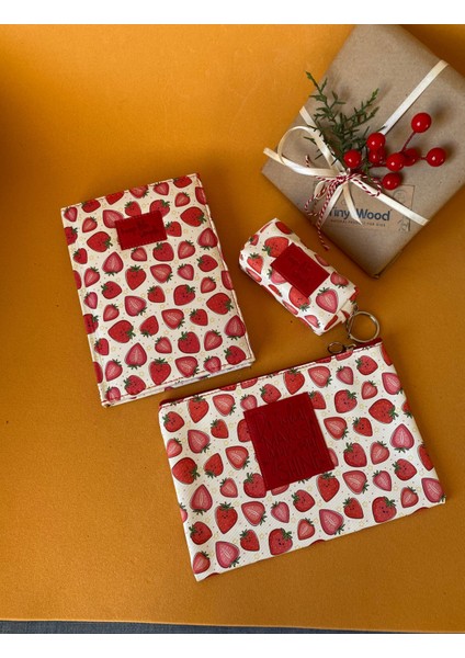 Çilek-Baykuş Desenli Deri Kaplı Defter Seti | 14X20 cm Çizgili Defter modelleri