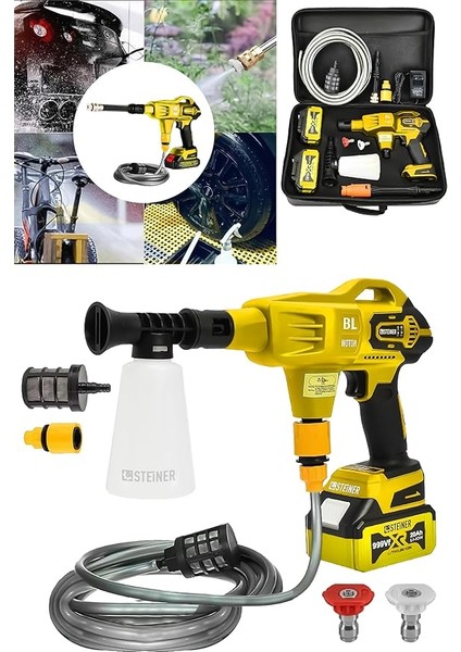 Alman 999 Vf 20 Ah 100 Bar Kömürsüz Şarjlı Oto Yıkama Makinesi Çift Akülü Bahçe Yıkama Makinası Sarı fiyatları