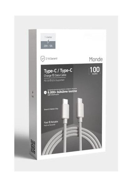 Monde 100W Örgülü Type C To Type C Spk-10 1mt ve Şarj Kablosu fiyatları