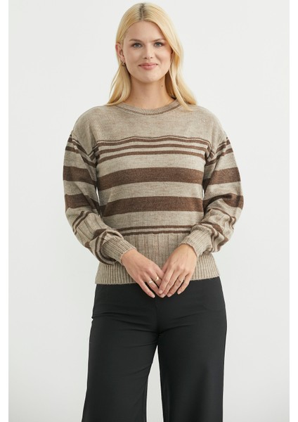 Çizgili Yünlü Triko Kazak - Bej