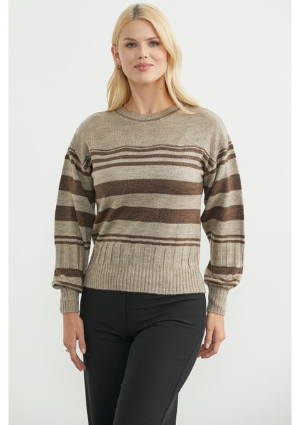 Çizgili Yünlü Triko Kazak - Bej fiyatları