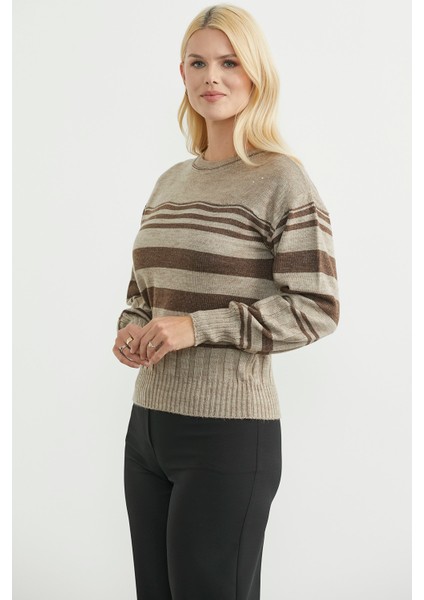 Çizgili Yünlü Triko Kazak - Bej modelleri