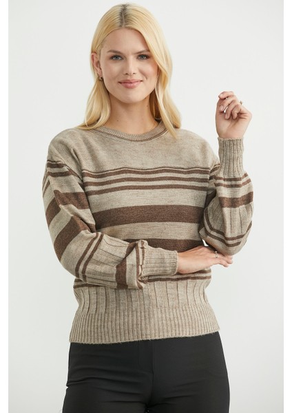 Çizgili Yünlü Triko Kazak - Bej fırsatları