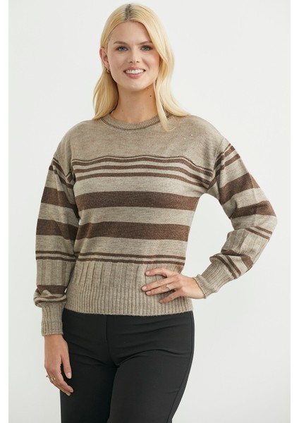 Çizgili Yünlü Triko Kazak - Bej indirimleri