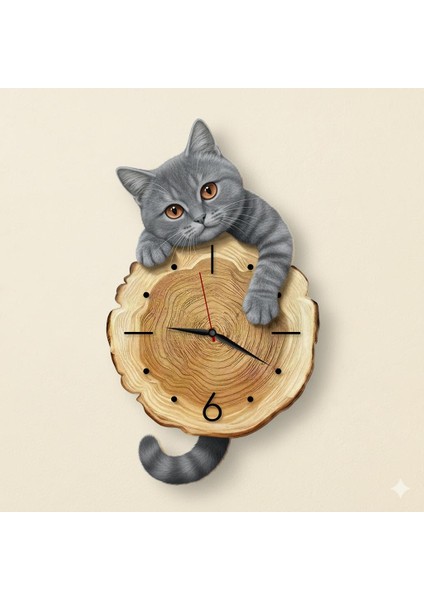 Kütük Üzerinden Bakan Gri Kedi Tasarımlı Duvar Saati Modern Dekoratif Saat