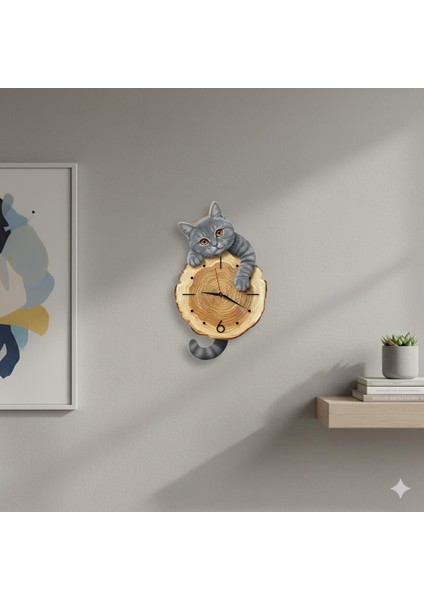 Kütük Üzerinden Bakan Gri Kedi Tasarımlı Duvar Saati Modern Dekoratif Saat fiyatları