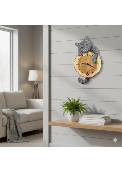 Kütük Üzerinden Bakan Gri Kedi Tasarımlı Duvar Saati Modern Dekoratif Saat modelleri