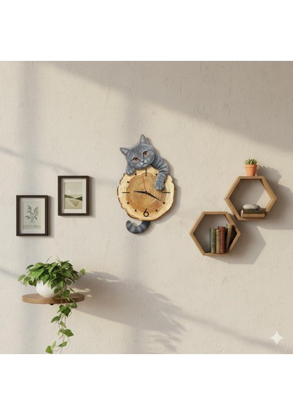 Kütük Üzerinden Bakan Gri Kedi Tasarımlı Duvar Saati Modern Dekoratif Saat indirimleri