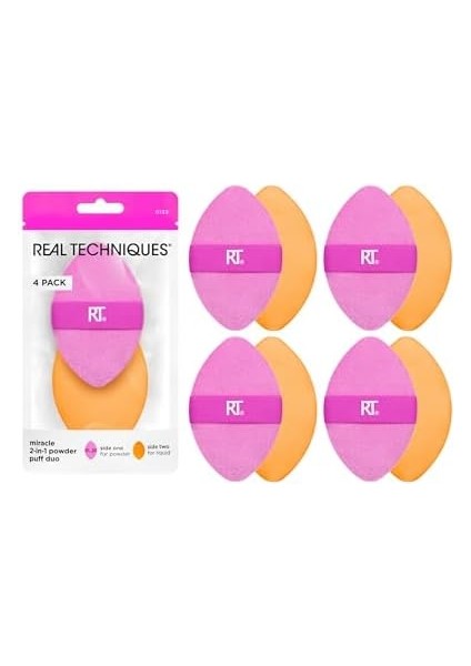 Real Techniques 4 Paket Mucize 2&apos;si 1 Arada Puflar, Çift Taraflı Makyaj Karıştırma Pufu, Tersinir Elastik Bant, Hassas Makyaj Süngeri ve Pudra Pufu, Sıvı, Krem ve Toz Ürünleri Için modelleri
