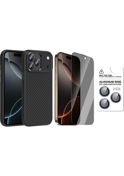 iPhone 17 Pro Max Kılıf M-Safe Şarj Özellikli Karbon Fiber Görünümlü Zore Truva Silikon Kapak + Safir Kamera Lens + Hayalet Ekran Koruyucu