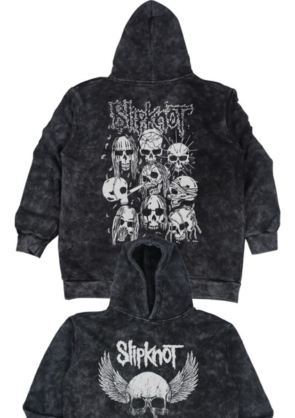 Unisex Slipknot Sırt Baskılı Kapüşonlu Yıkamalı Sweatshirt, Oversize Rock Band Baskı Vintage Hoodie