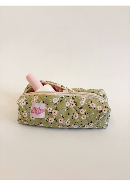Tek Gözlü Kalemlik Yıkanabilir Fermuarlı Okul Kalem Kutusu 21X10X7 Ölçüler Yeşil Çiçekli