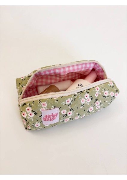 Tek Gözlü Kalemlik Yıkanabilir Fermuarlı Okul Kalem Kutusu 21X10X7 Ölçüler Yeşil Çiçekli indirimleri