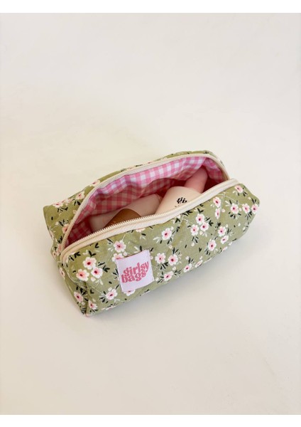 Tek Gözlü Kalemlik Yıkanabilir Fermuarlı Okul Kalem Kutusu 21X10X7 Ölçüler Yeşil Çiçekli