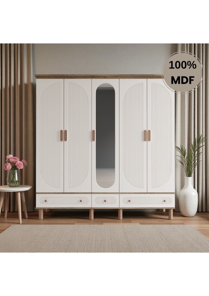 Sally 5 Kapaklı Aynalı Çekmeceli Mdf Gardırop
