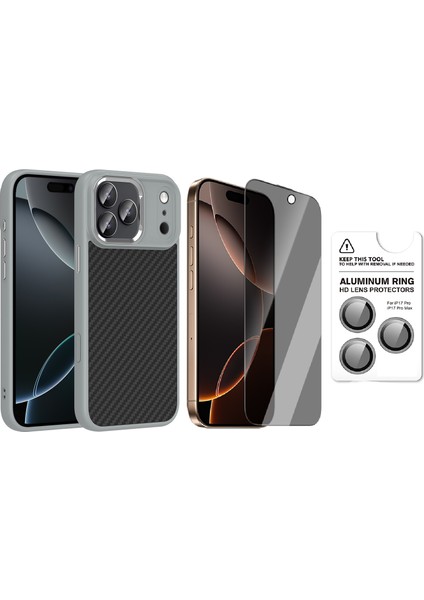 iPhone 17 Pro Kılıf M-Safe Şarj Özellikli Karbon Fiber Görünümlü Zore Truva Silikon Kapak + Safir Kamera Lens + Hayalet Ekran Koruyucu